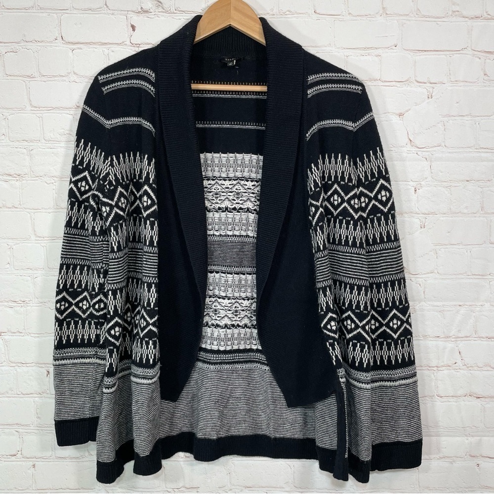 Talbots Cardigan Womens Size M Black & White Southwestern Design Open Lambswool